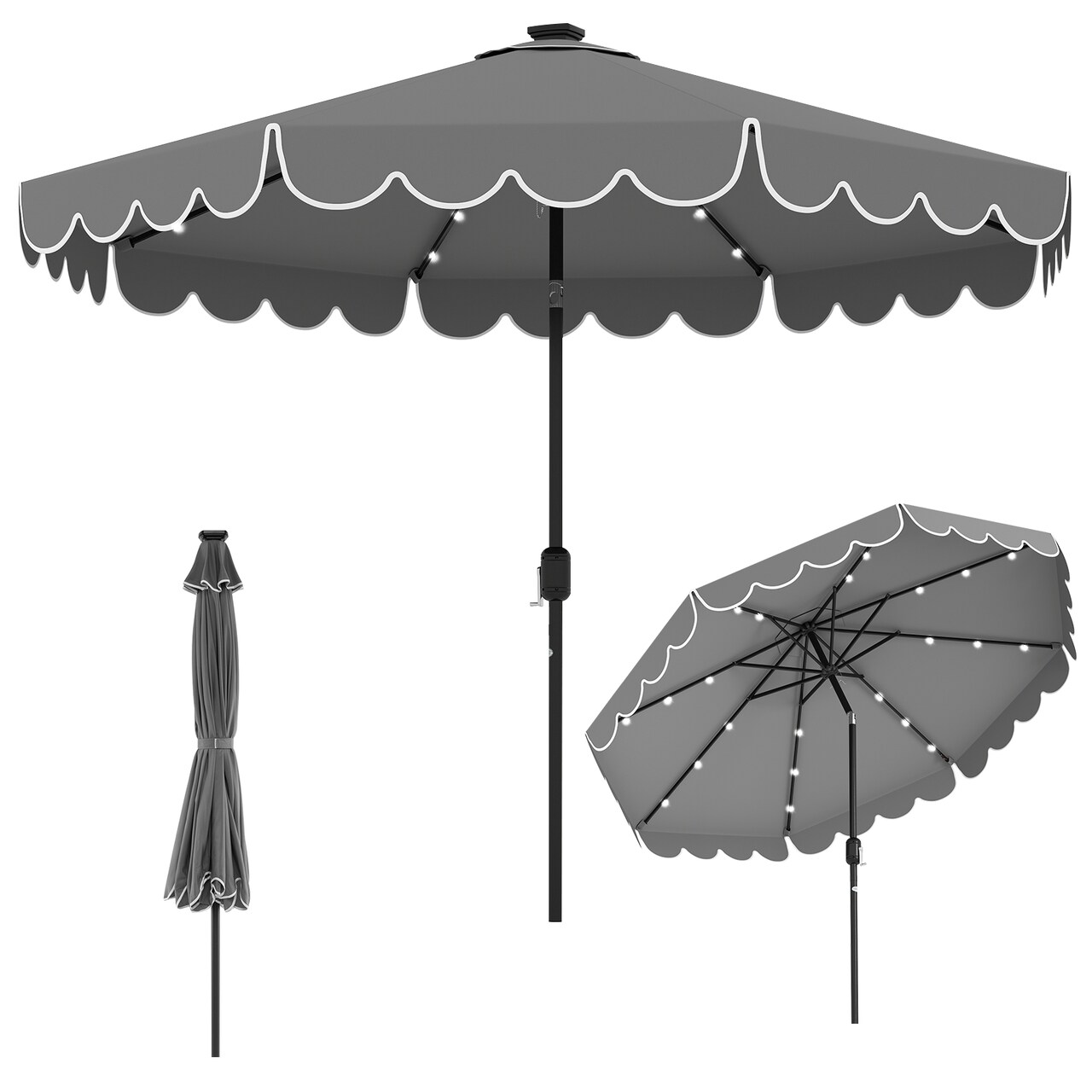 Polyester Auto-Tilt Solar Patio Umbrella with LED Lights and 10x8.3 ft Shade